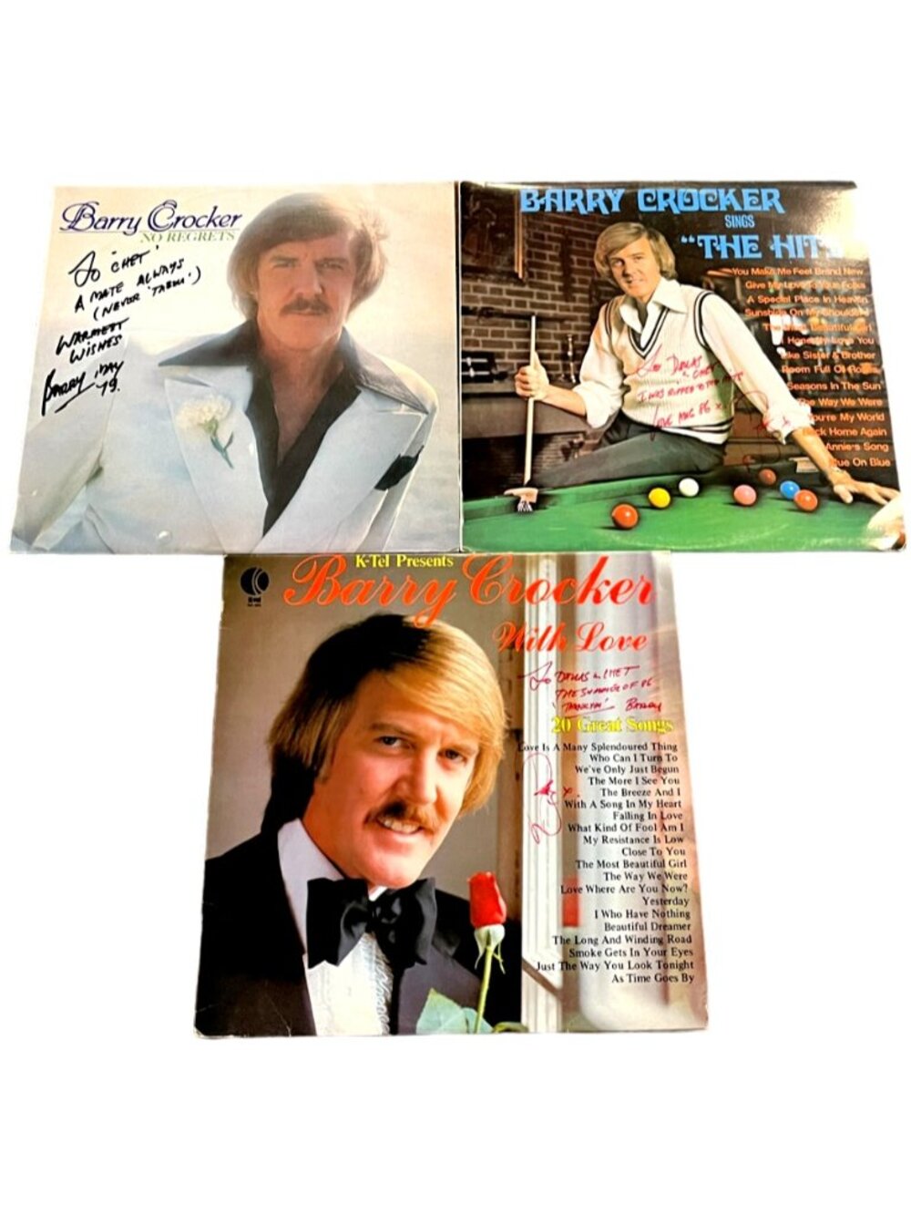 Barry Crocker -  No Regrets / The Hits / With Love - Signed Records - LOT of 3